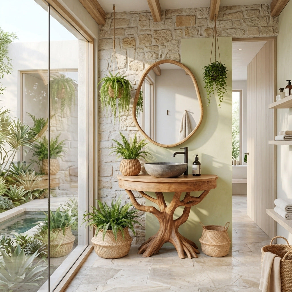 Handcrafted wooden vanity base enhancing a contemporary bathroom