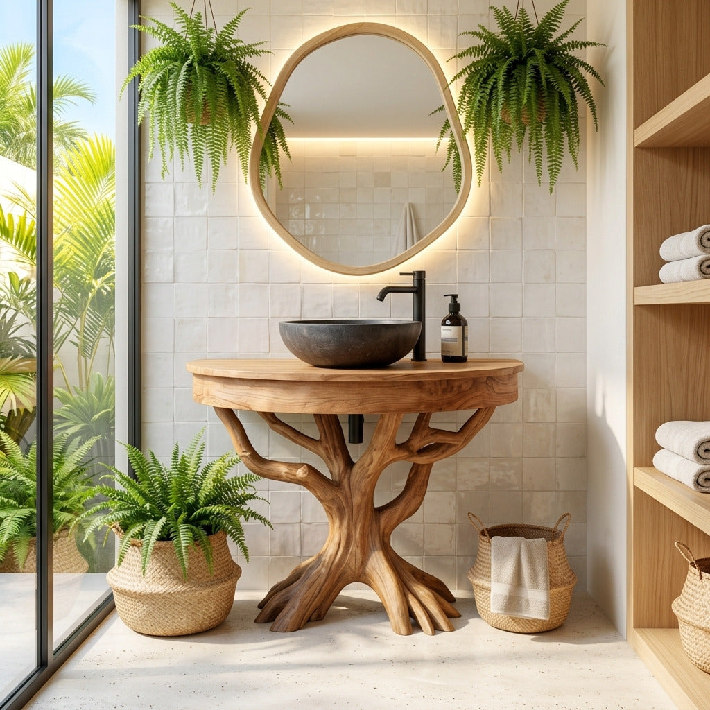 Live edge tree root vanity base in solid wood