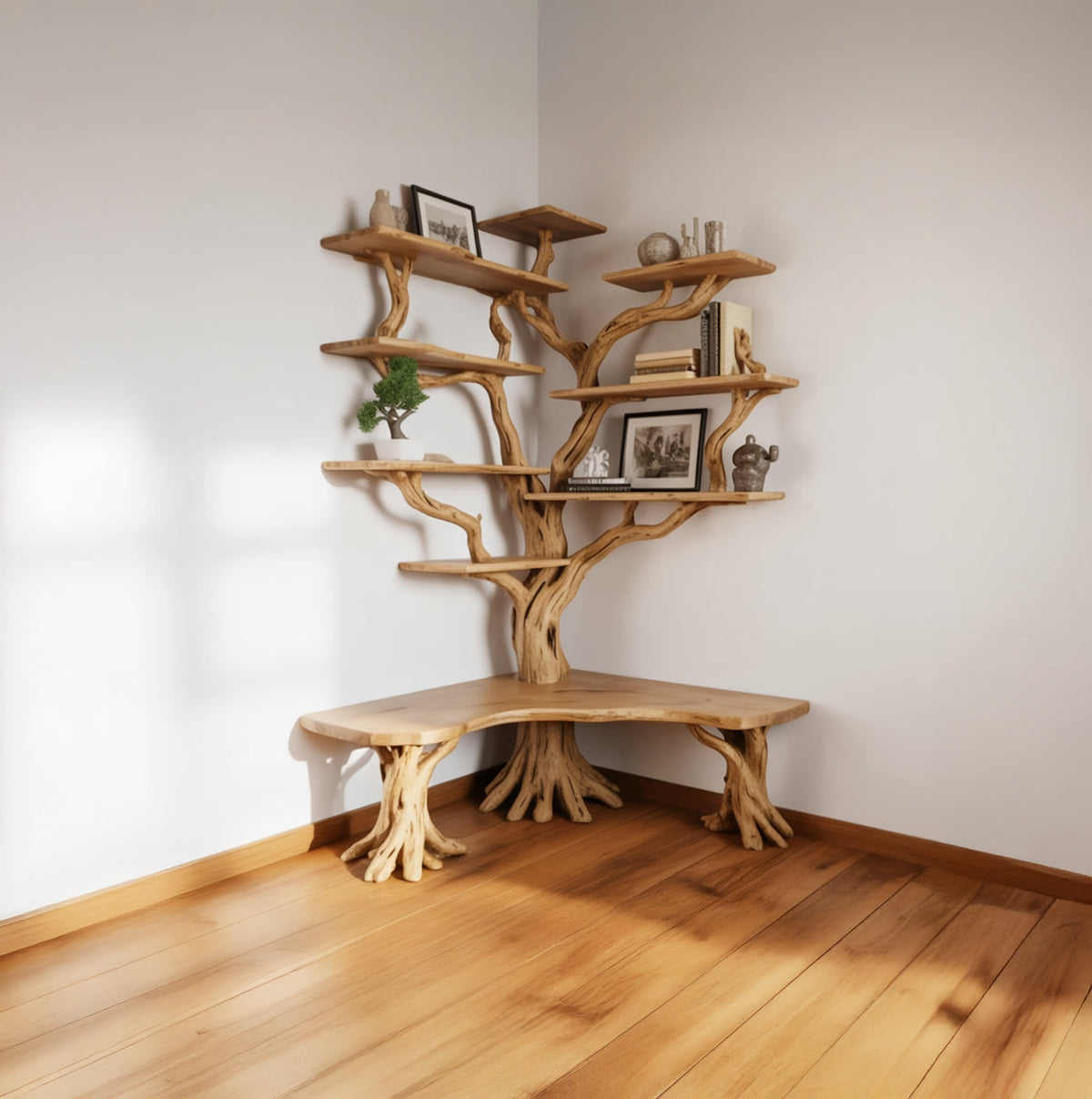 Solid wood tree bookshelf with a green bonsai plant and framed photos
