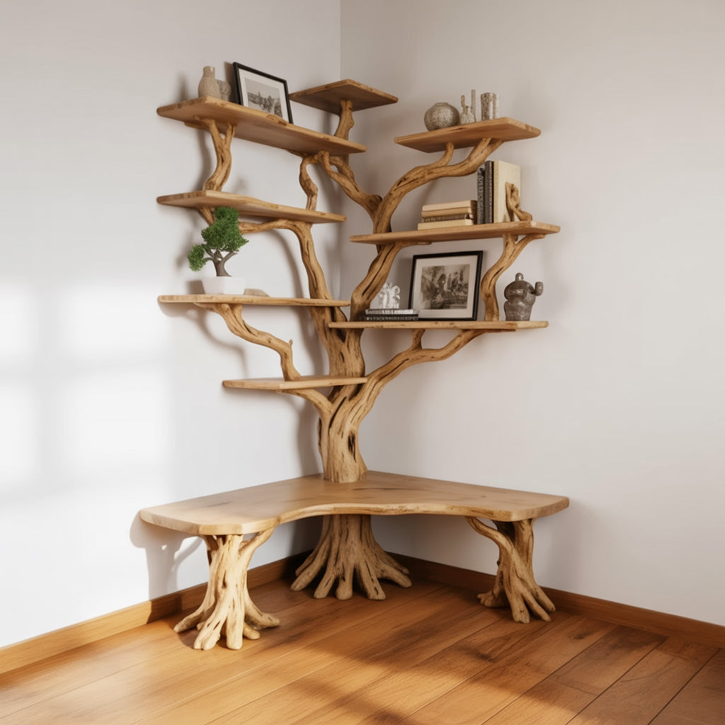 Live edge tree shaped corner bookshelf made from solid wood