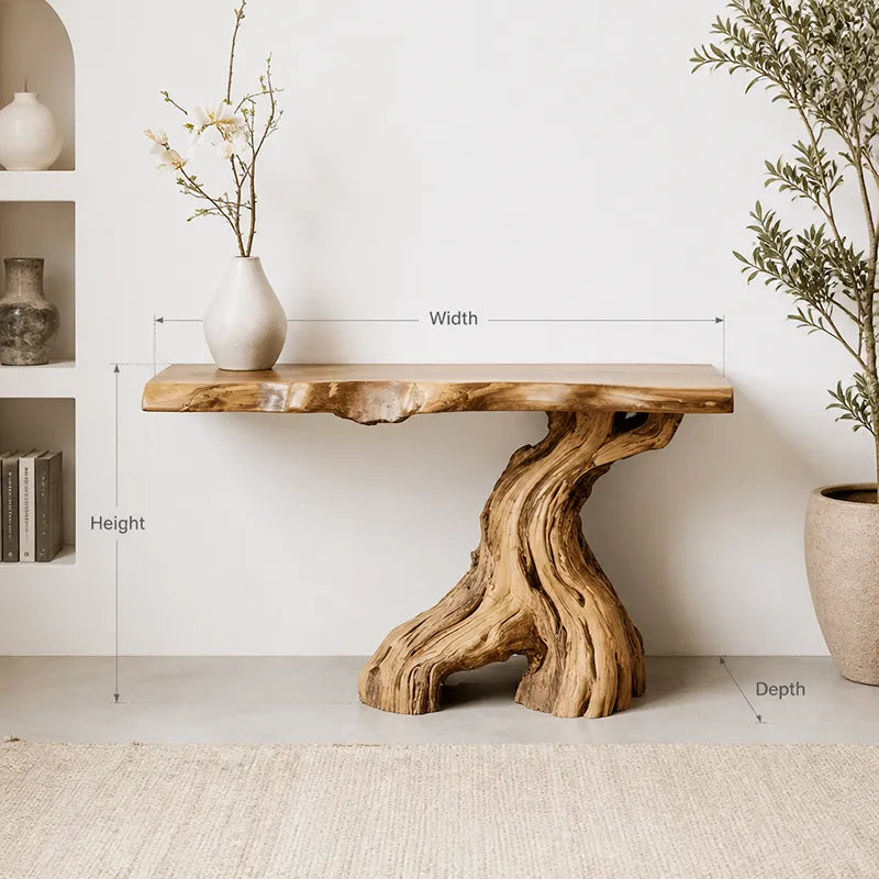 Live Edge Solid Wood Console Table with Sculptural Tree Trunk Base