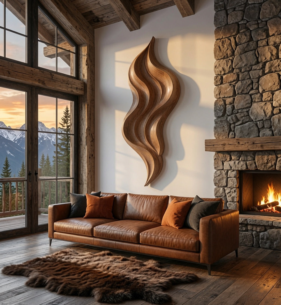 Handcrafted abstract wood wall sculpture in a luxury living space