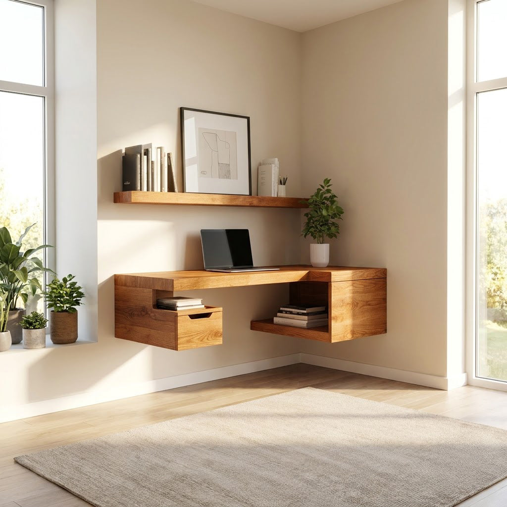 Modern solid wood floating L-shaped corner desk styled with a laptop in a bright home office