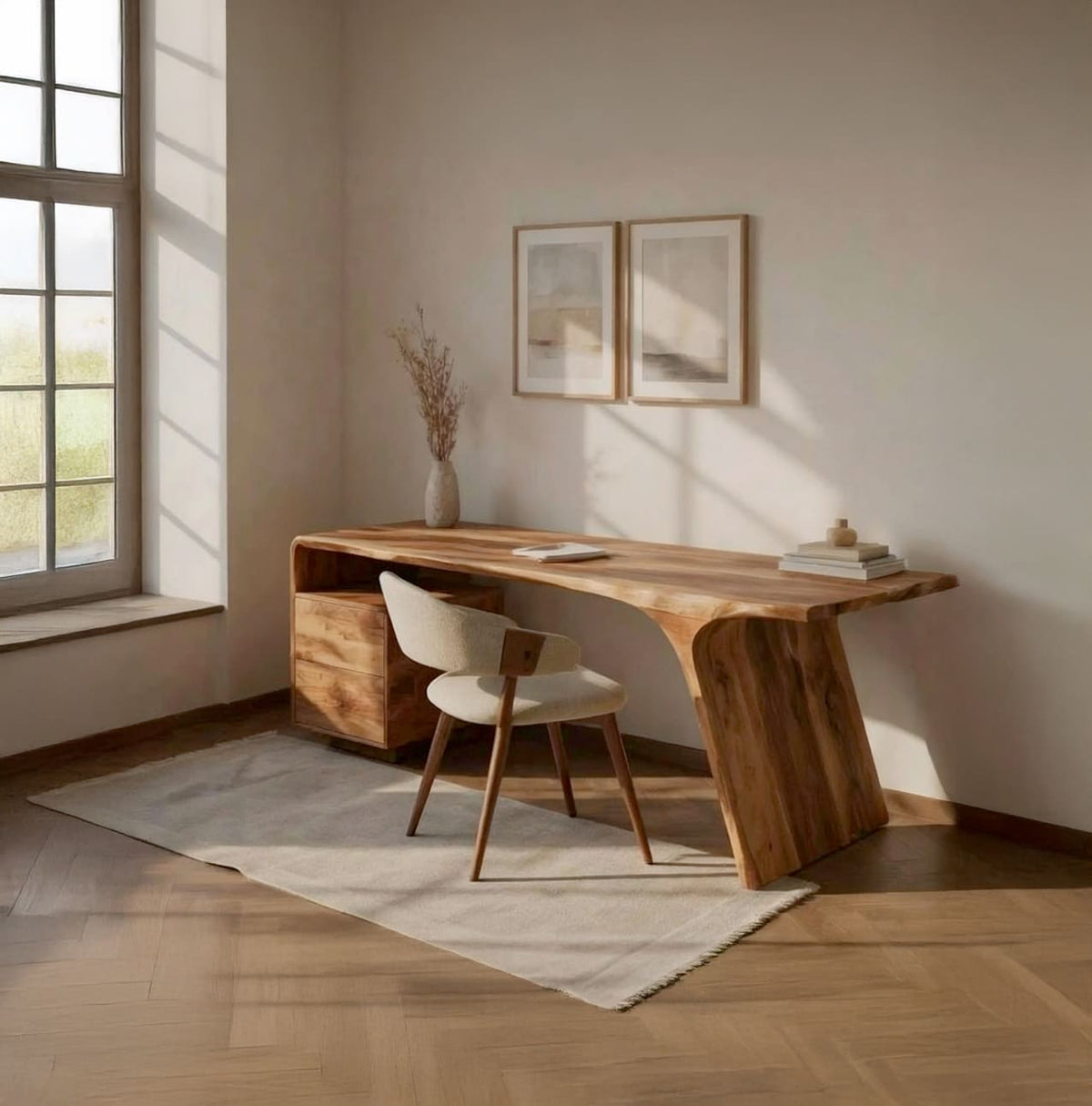 Modern wooden desk with drawers styled in a contemporary home office