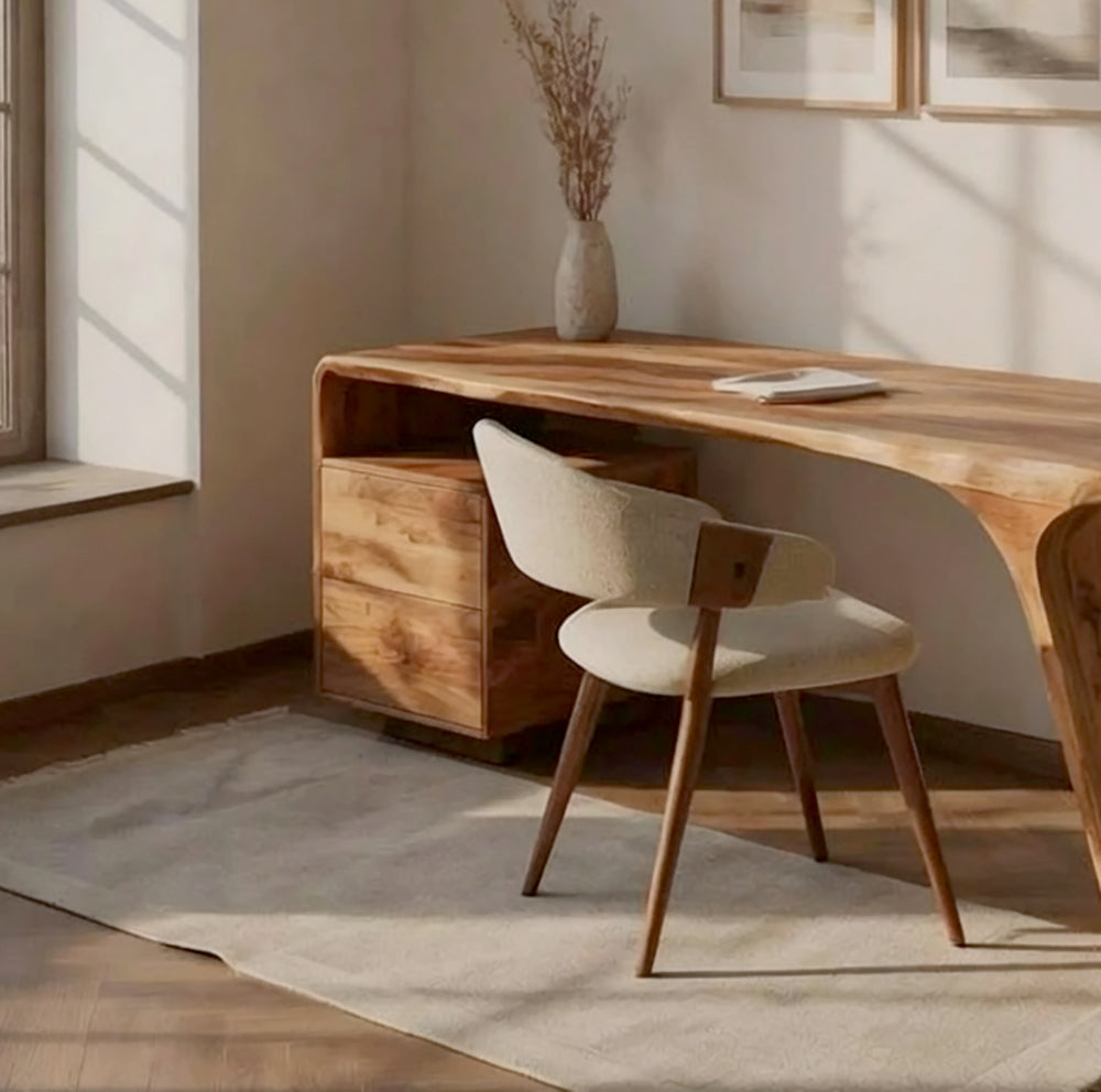 Solid wood workspace desk featuring functional drawers and a minimalist design