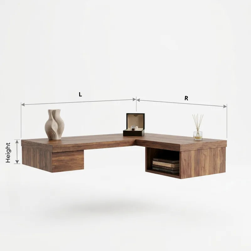 Modern Handcrafted Solid Wood Floating L-Shaped Corner Desk with Integrated Pull-Out Drawer & Open Storage Cubby