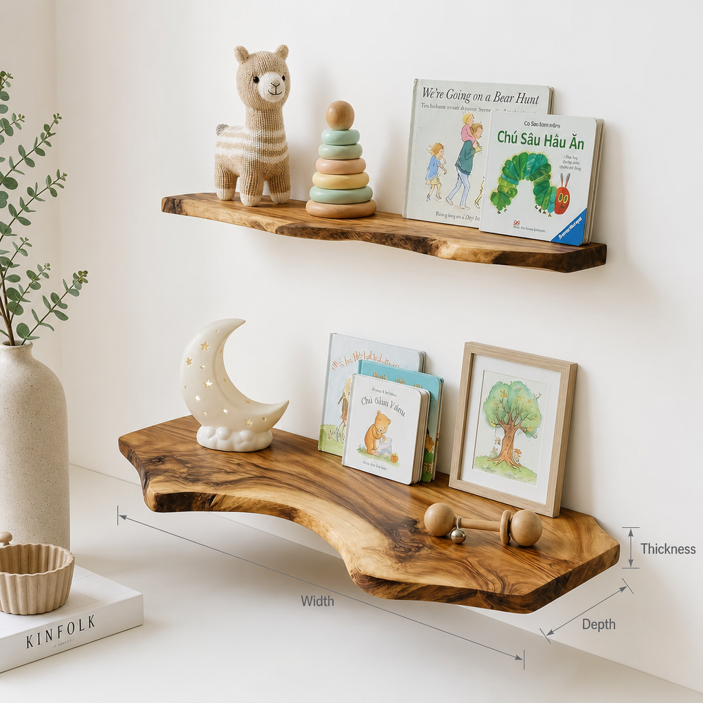 Modern Natural Wood Floating Shelf - Handcrafted Live Edge Decor for Kids' Spaces