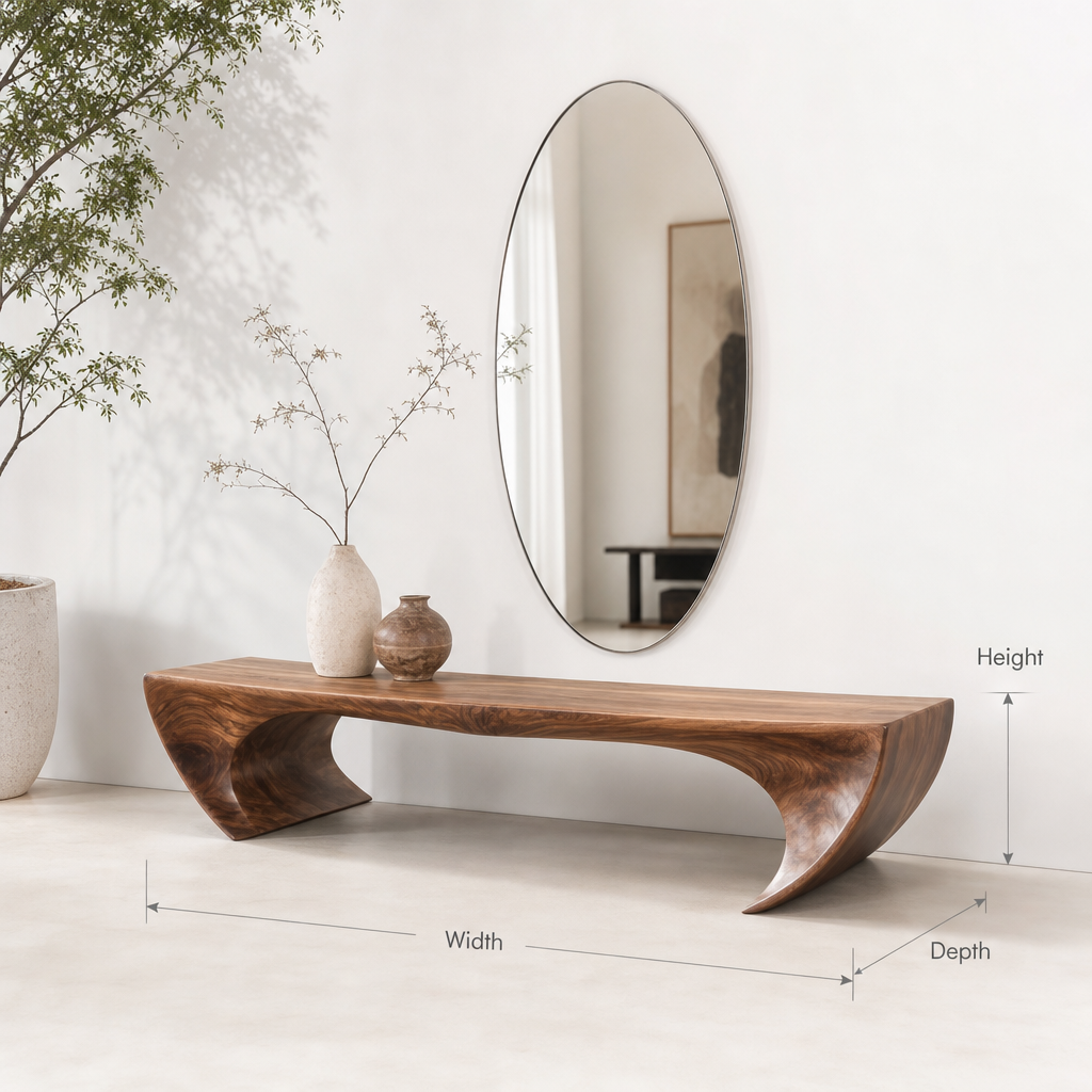 Modern organic design sculptural solid wood bench for minimalist entryway decor