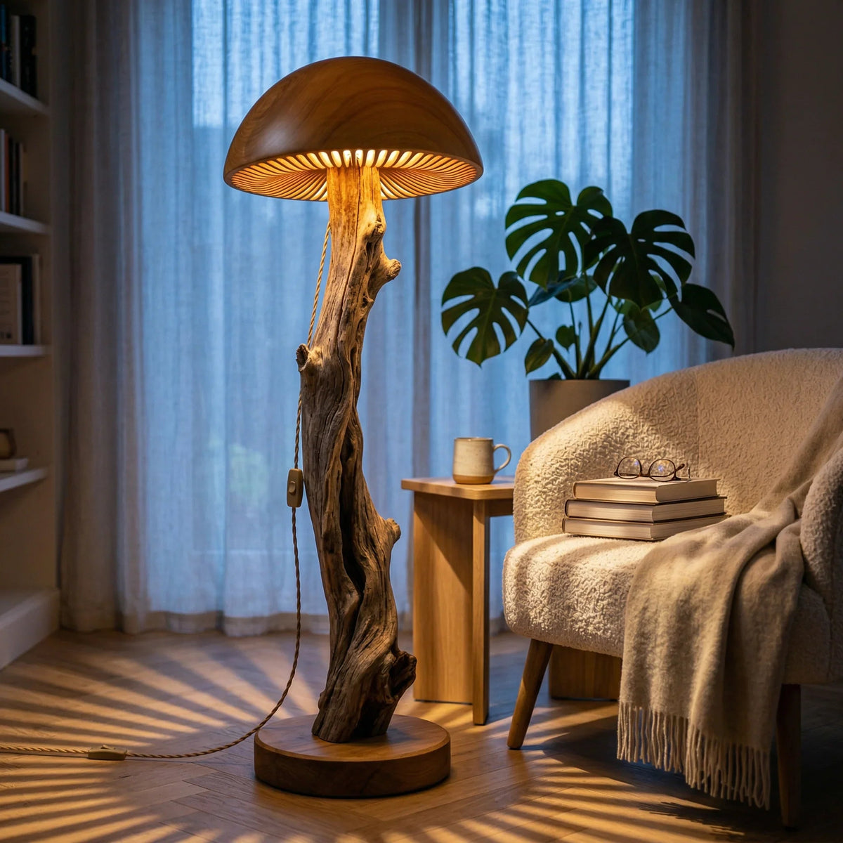 Mushroom floor lamp with bleached driftwood stem on wood base in cozy living room