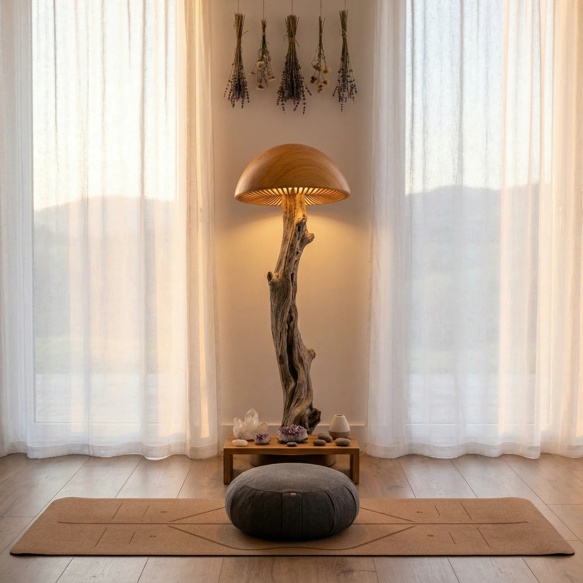 Mushroom floor lamp with bleached driftwood stem, hand-carved shade, in serene room setting