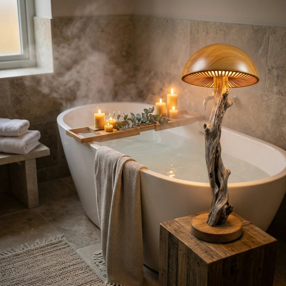 Mushroom floor lamp with bleached driftwood stem beside a soaking bathtub and candles
