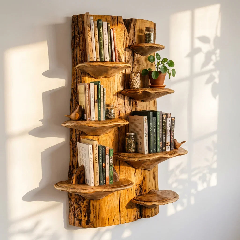 Mushroom Slab Wall Bookshelf with Bracket Fungus Shelves, Handcrafted Live Edge Solid Wood Mounted Bookcase for Living Room, Office, Library - Ashdeco 2026