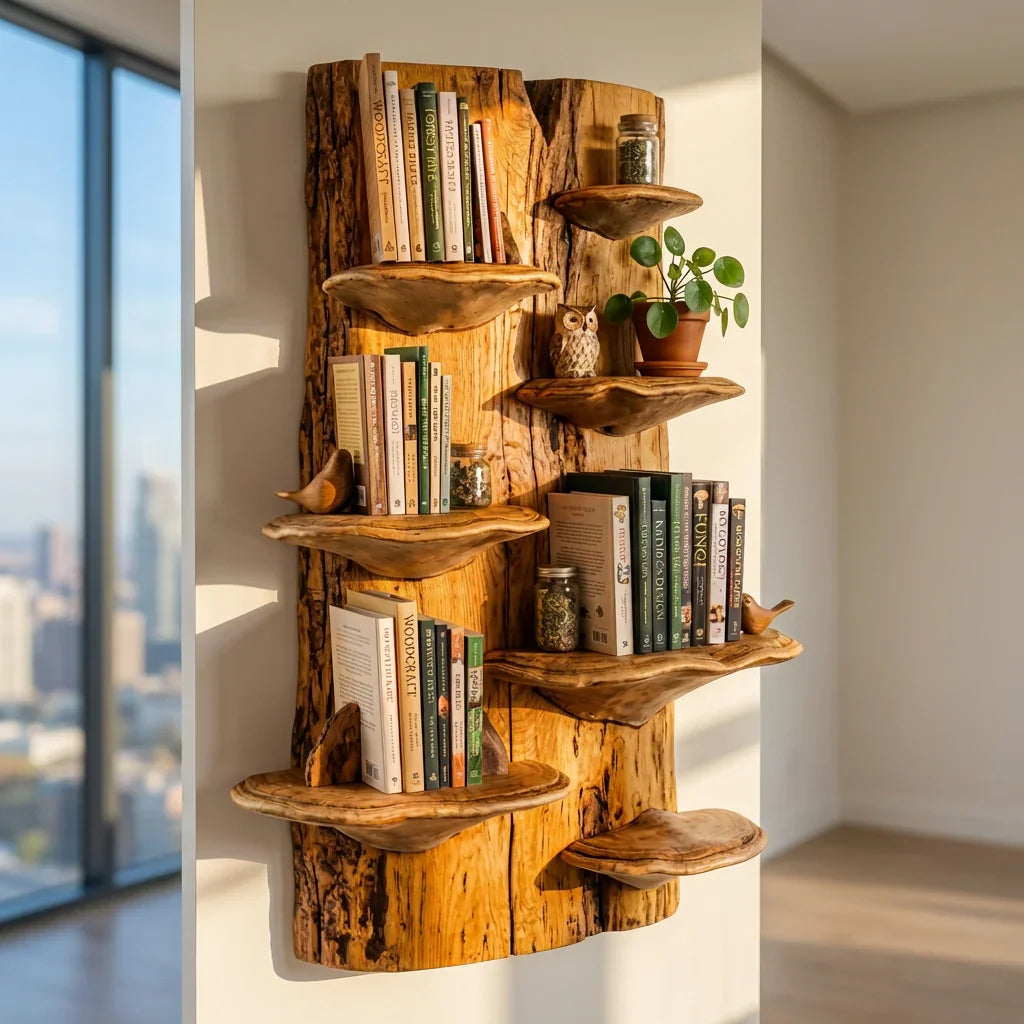 Mushroom Slab Wall Bookshelf with Bracket Fungus Shelves, Handcrafted Live Edge Solid Wood Mounted Bookcase for Living Room, Office, Library - Ashdeco 2026