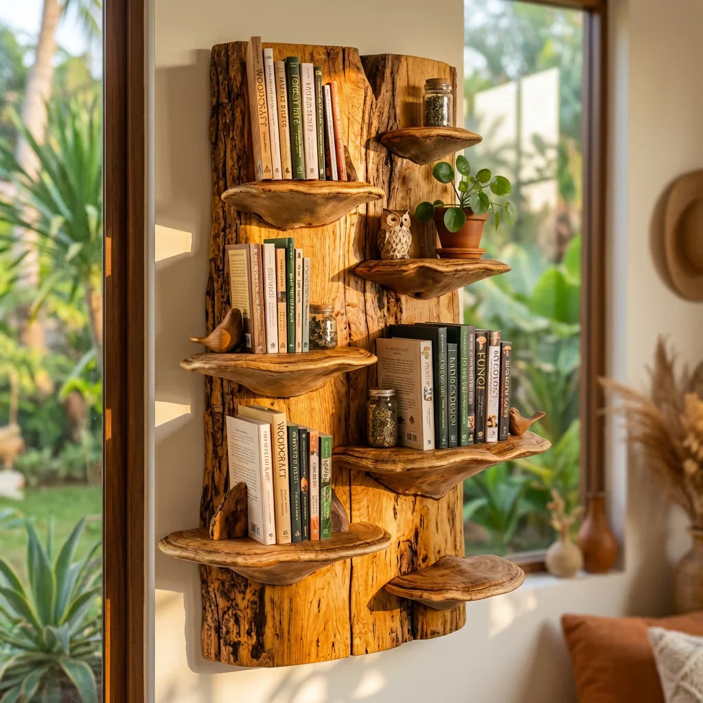 Mushroom Slab Wall Bookshelf with Bracket Fungus Shelves, Handcrafted Live Edge Solid Wood Mounted Bookcase for Living Room, Office, Library - Ashdeco 2026