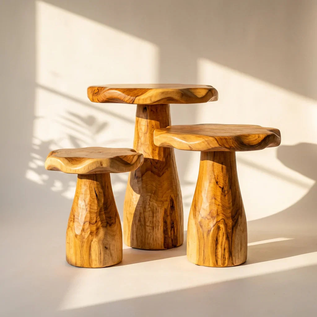 Mushroom Stool Side Table, Handcrafted Solid Wood Sculpted Accent Table with Live Edge Top for Living Room, Bedroom, Nursery, Plant Stand - Ashdeco 2026