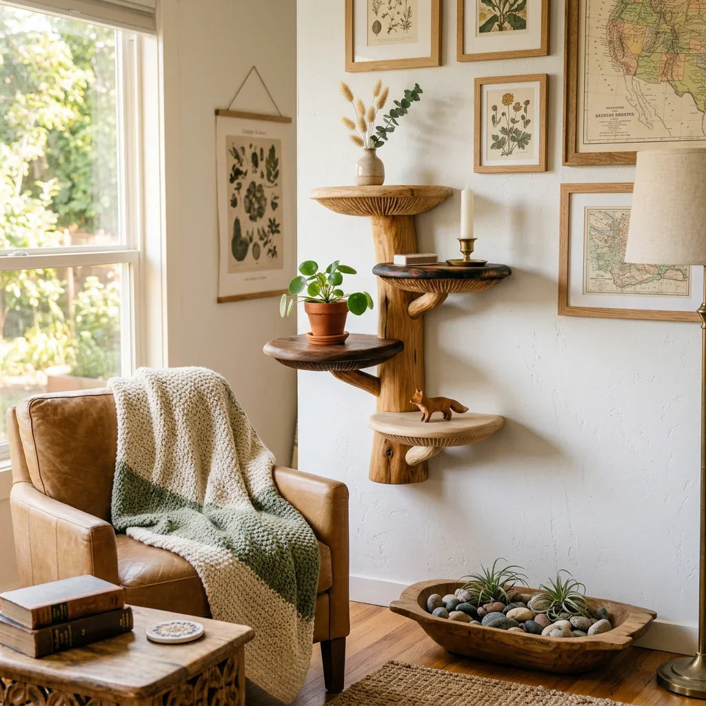 Two-Tone Mushroom Tree Wall Shelf with 4 Wide Round Platforms - Handcrafted Solid Wood Floating Shelf with Mixed Wood Caps and Visible Gill Carving - Ashdeco 2026