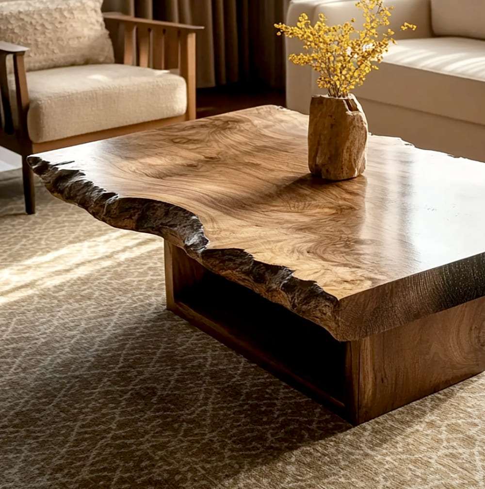 Organic modern solid wood coffee table featuring a bold irregular silhouette