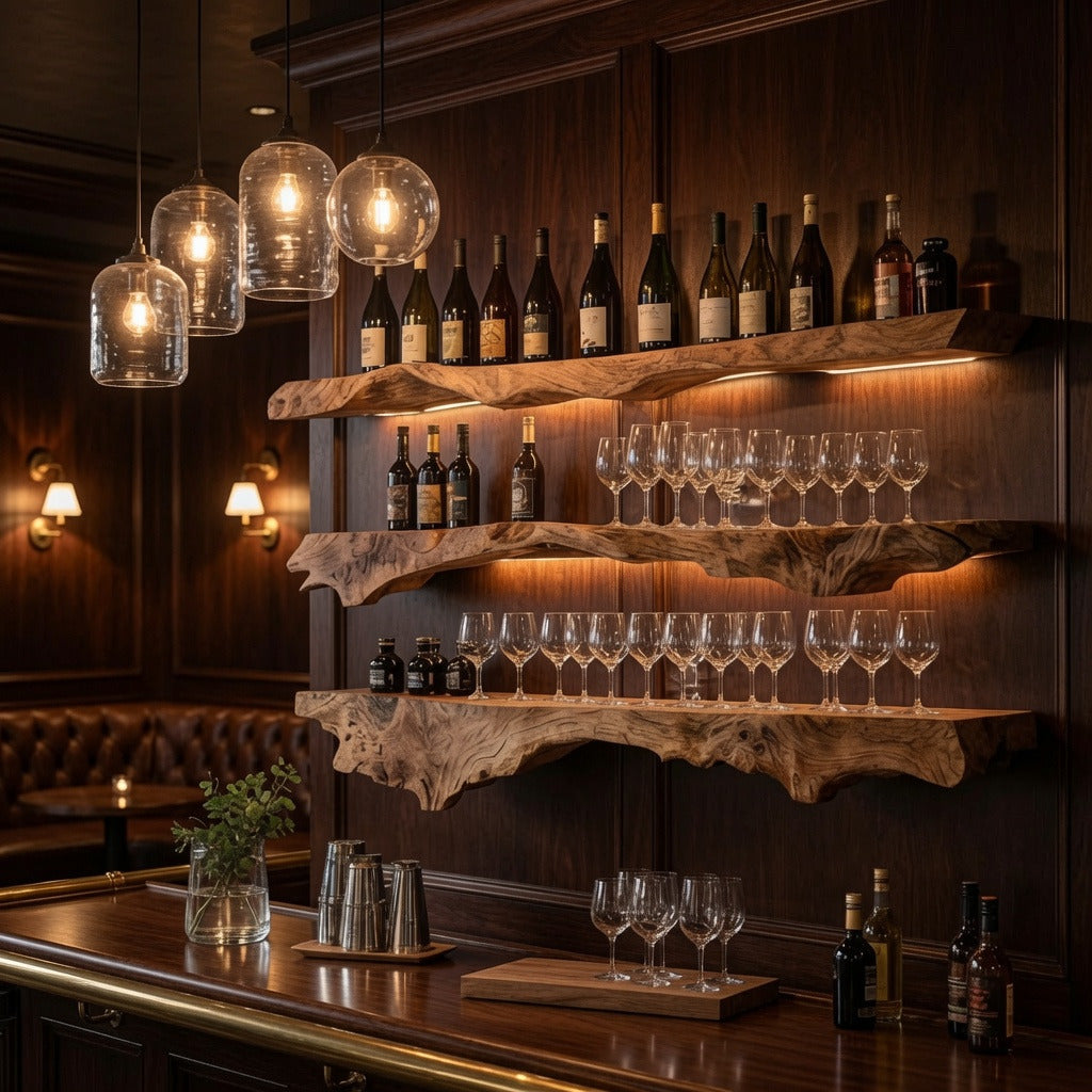 Handcrafted wooden display shelf showcasing wine bottles and glassware in a home bar