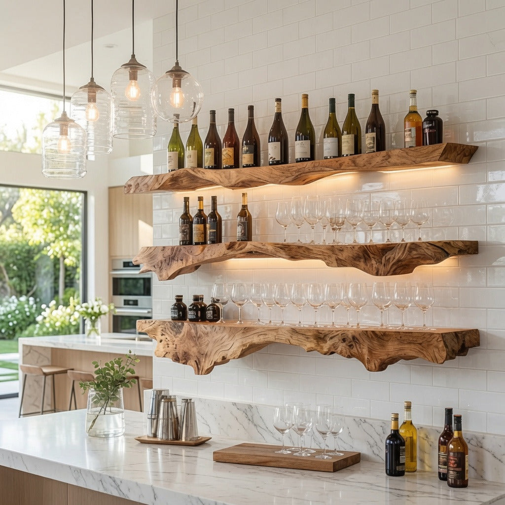 Rustic hardwood floating wall shelf enhancing a contemporary dining room