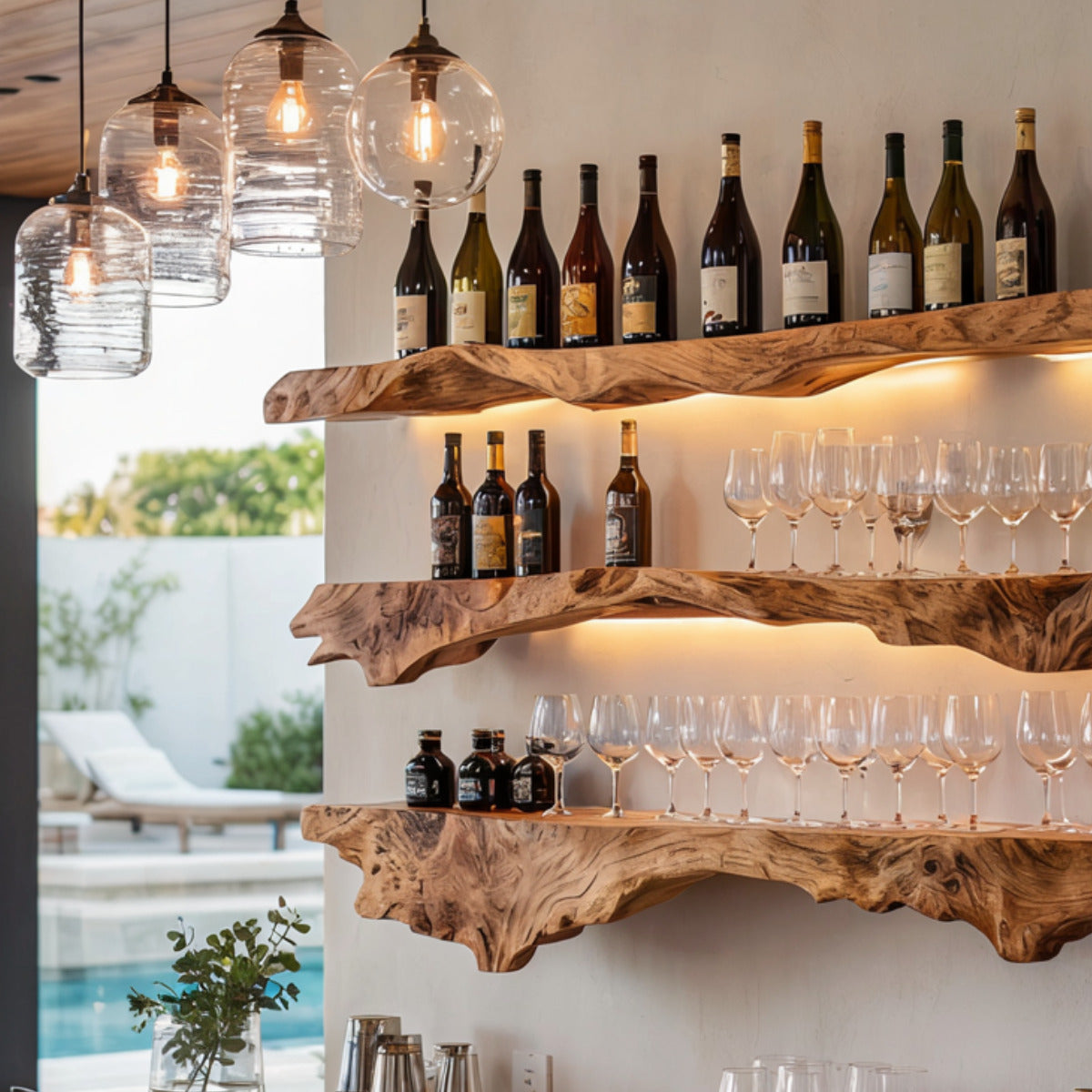 Artisan wooden wall shelf with sculptural wave design