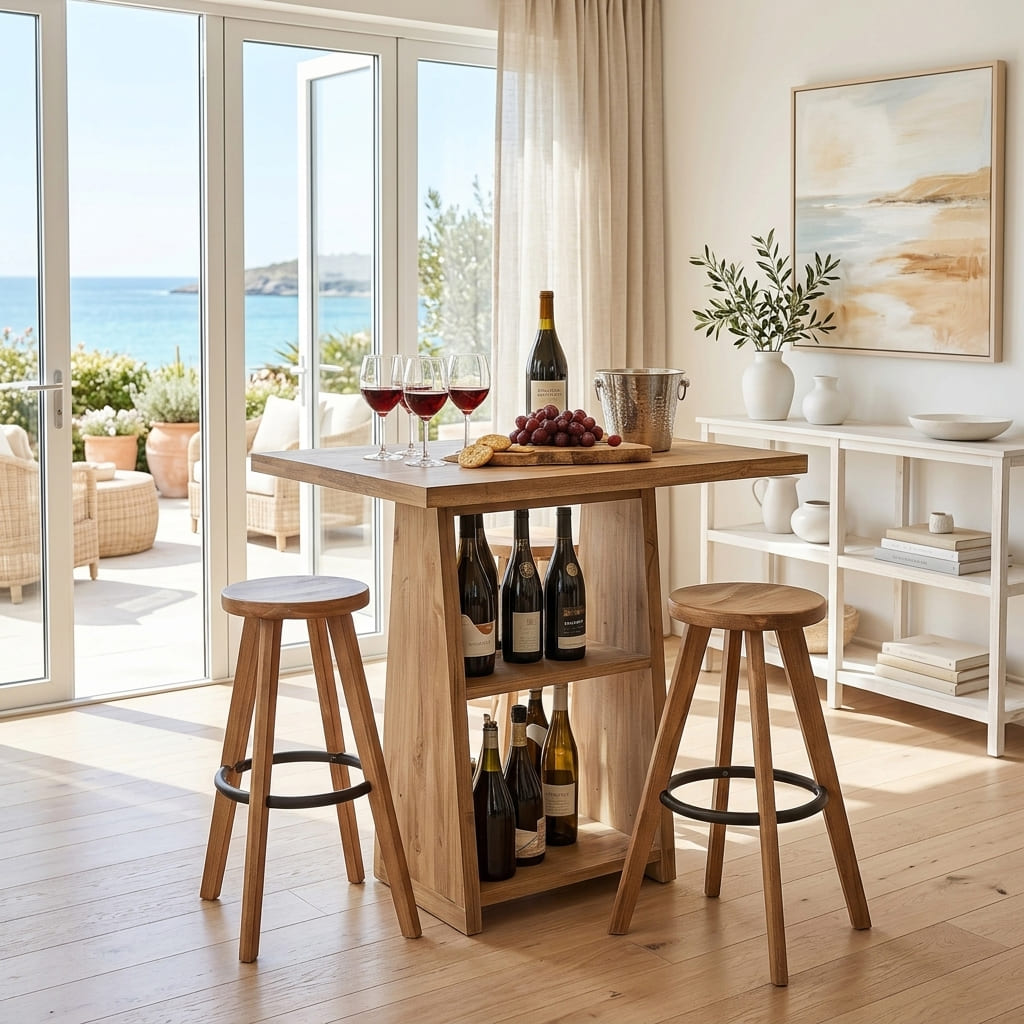 Natural wood bar table crafted from premium solid wood featuring a bottle display shelf for stylish home entertaining