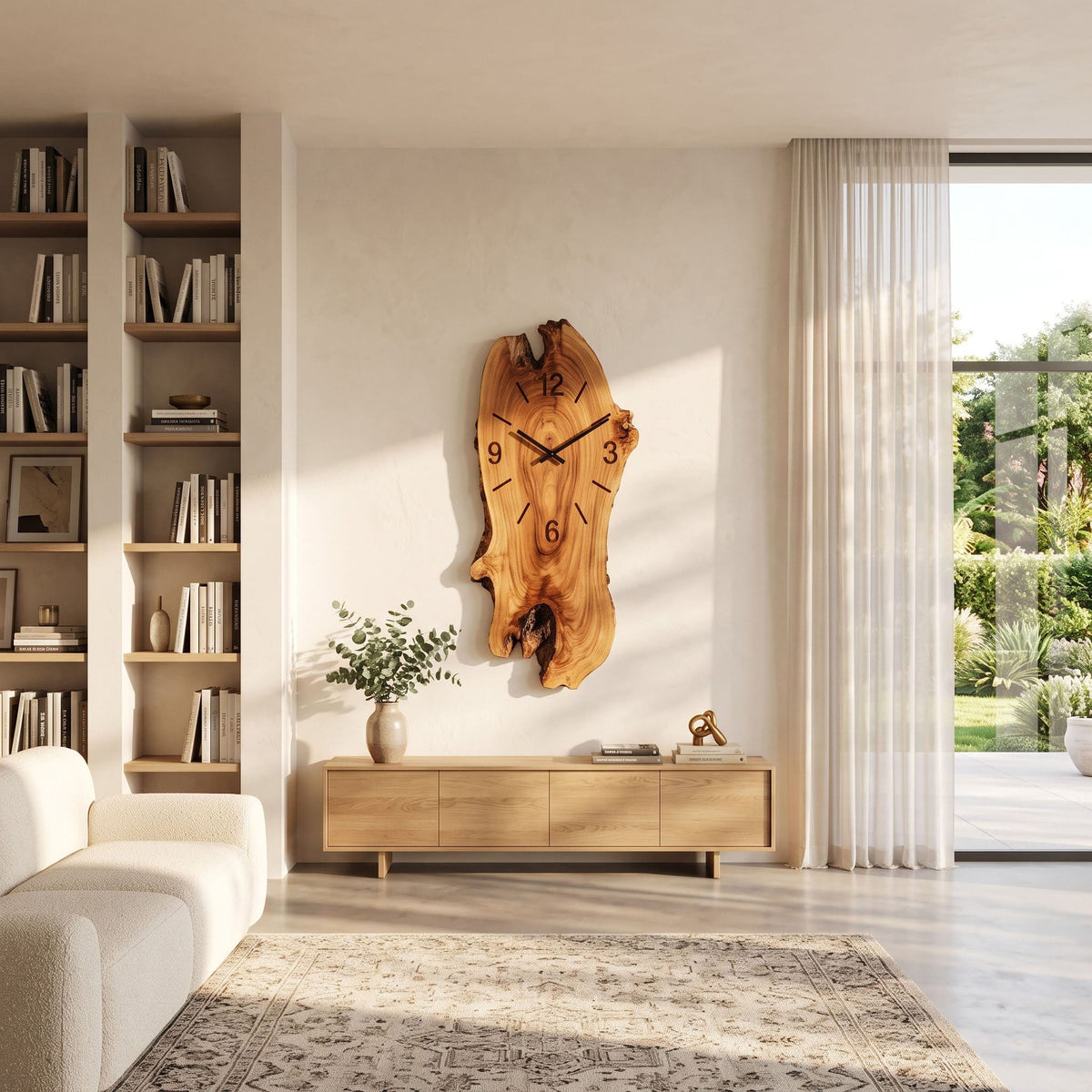 Artisanal solid wood rustic bark clock elevating a modern cabin and lodge-inspired study