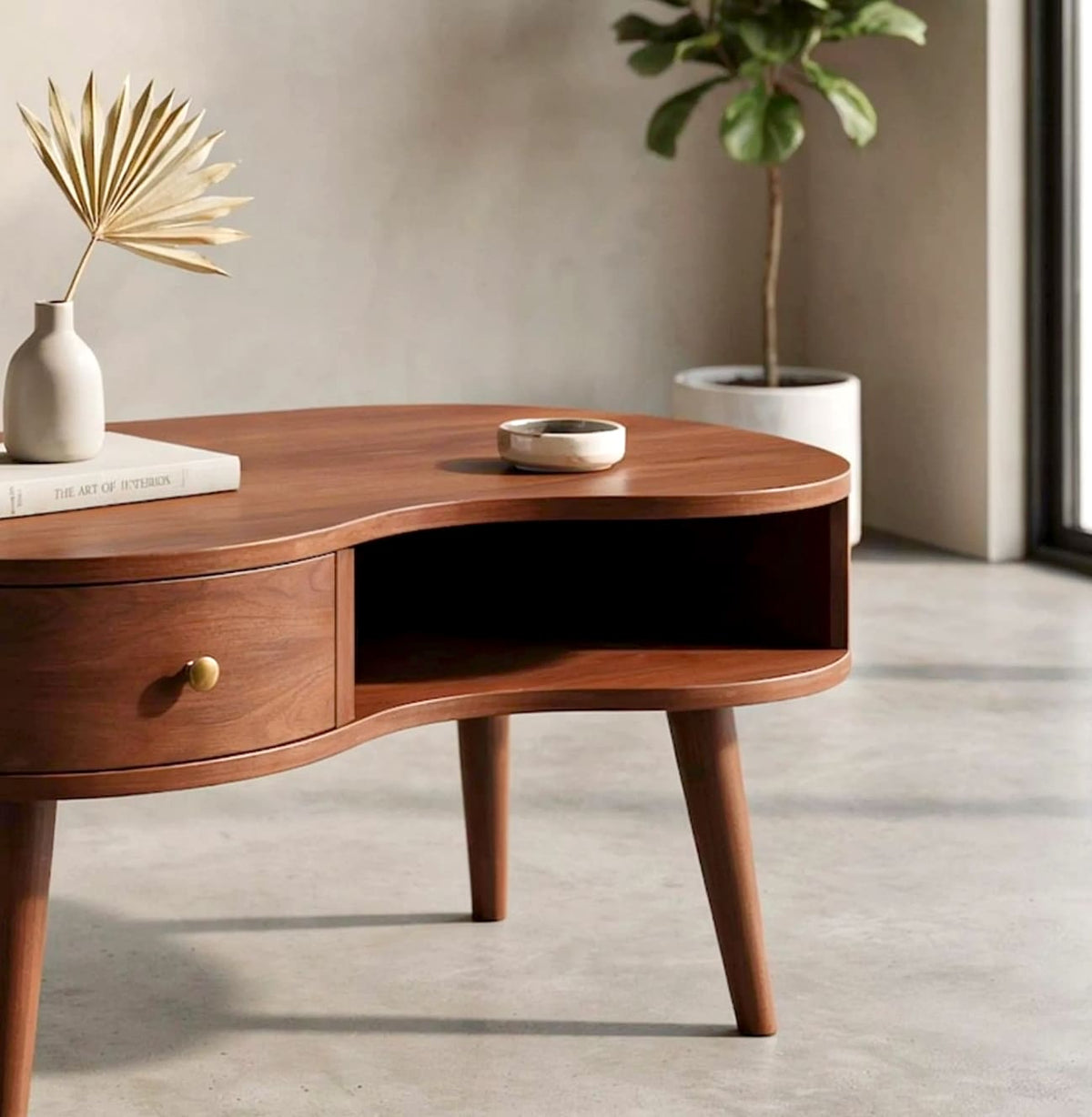 Modern curved solid wood coffee table featuring functional drawer storage