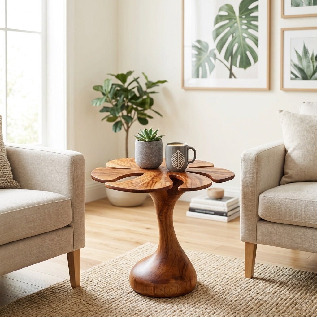 Artistic flower petal accent table in natural wood