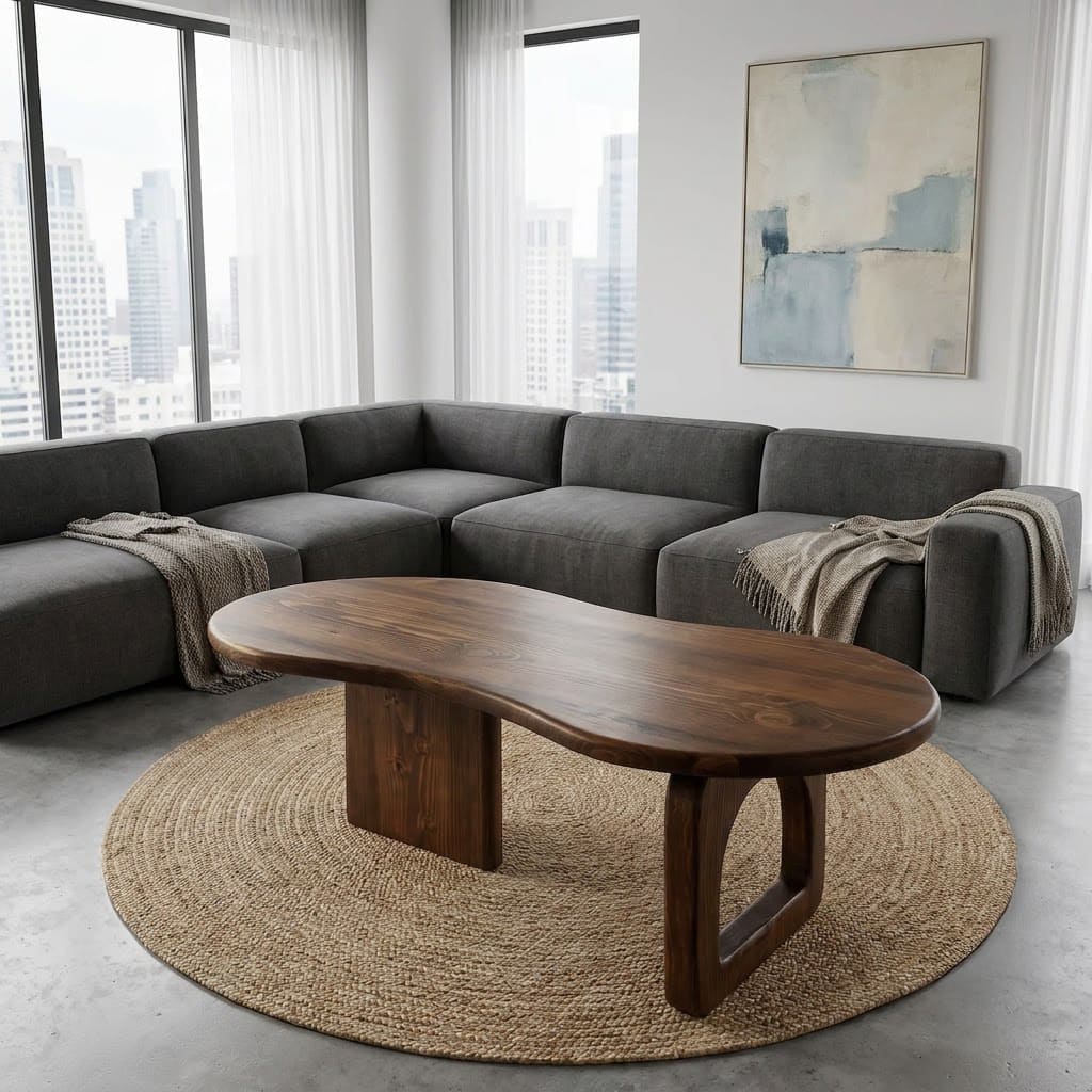 Sculptural solid wood kidney-shaped coffee table with an asymmetrical base for contemporary living spaces