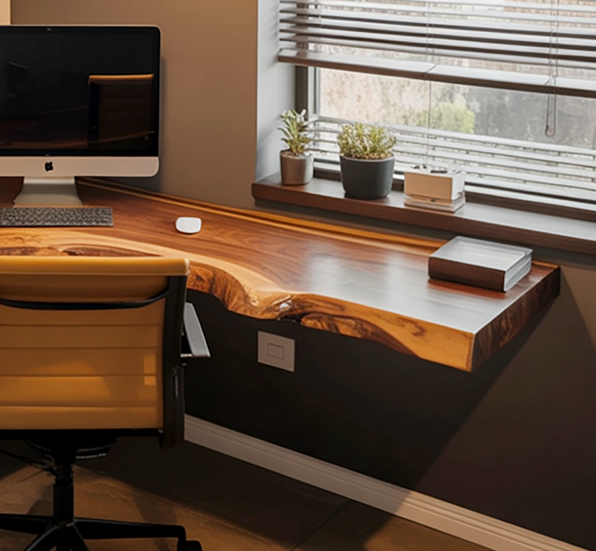 Handcrafted corner desk with natural live edge wood top