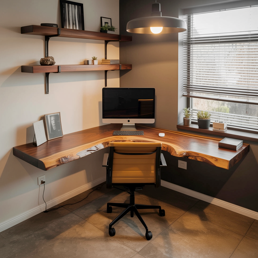 Organic modern office desk with natural wood grain finish
