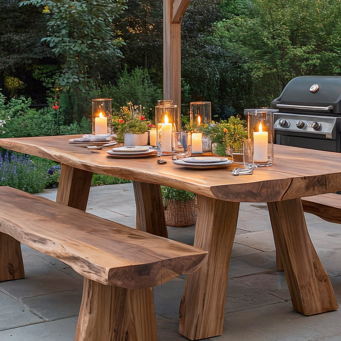Solid wood outdoor dining table featuring handcrafted live edge details