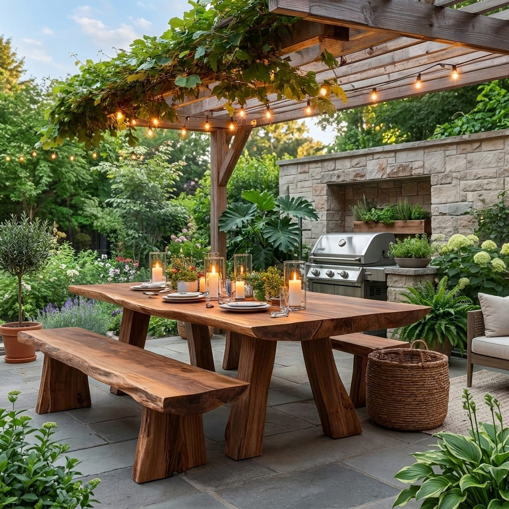 Live edge solid wood dining table styled in a contemporary garden setting