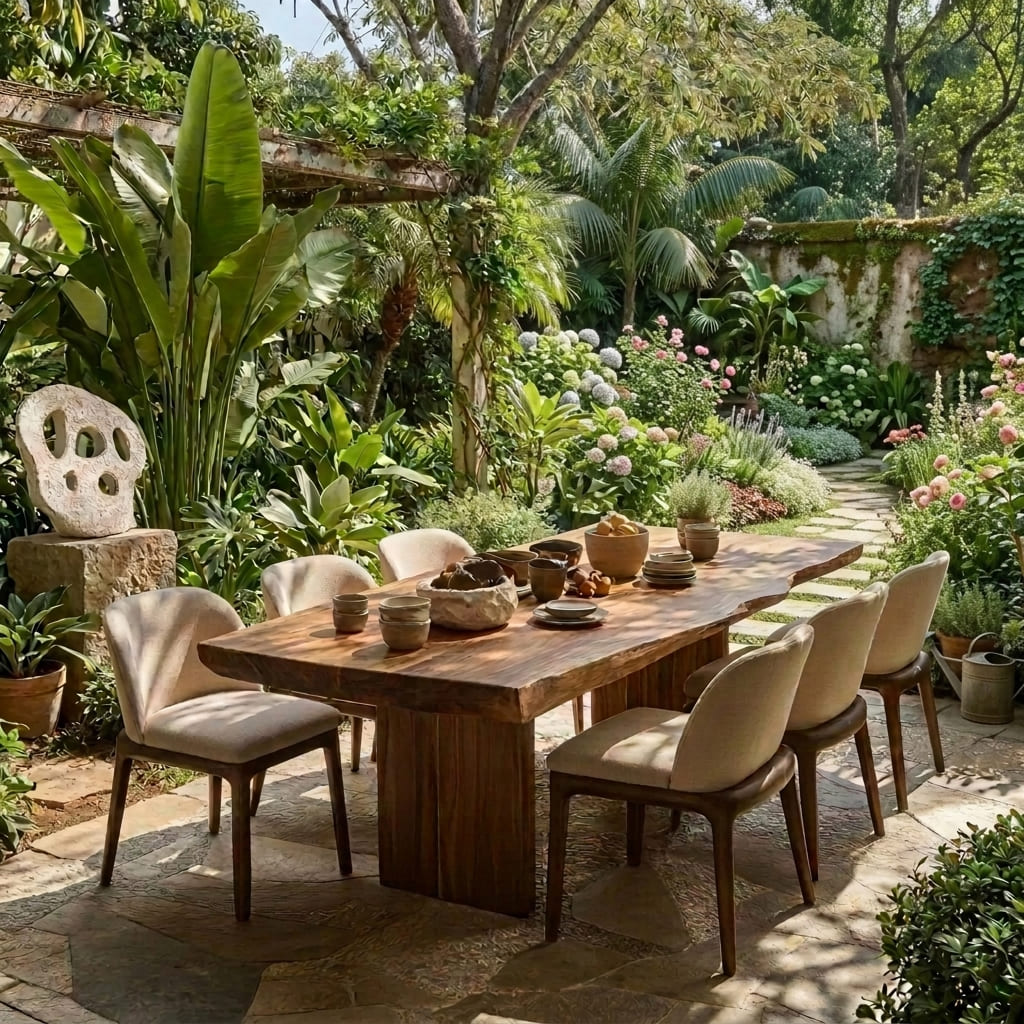 Live edge solid wood outdoor dining table styled in a modern garden setting