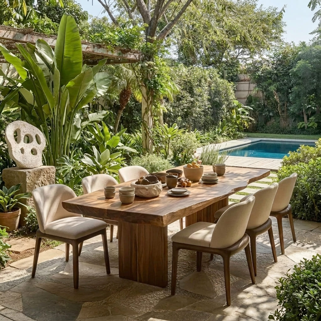 Live edge solid wood outdoor dining table styled in a modern garden setting