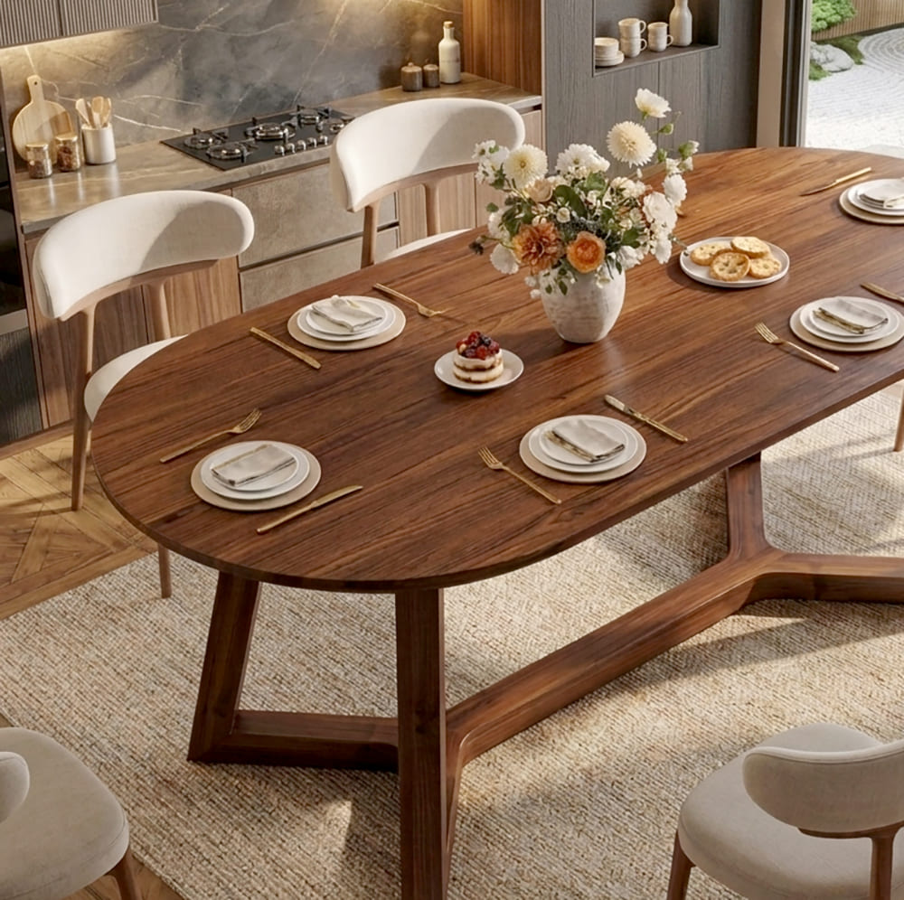 Sculptural X-base dining table crafted from premium hardwood with rich natural grain