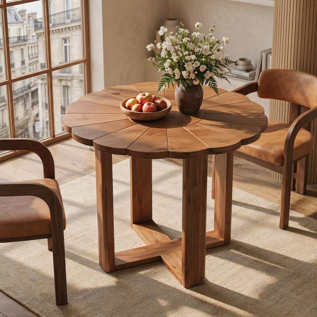 Organic scalloped live edge round dining table styled in a modern dining room