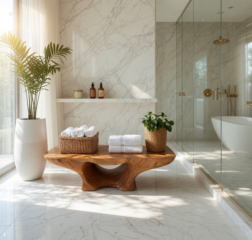 Sculptural hardwood shower bench with storage shelf in a luxury bathroom