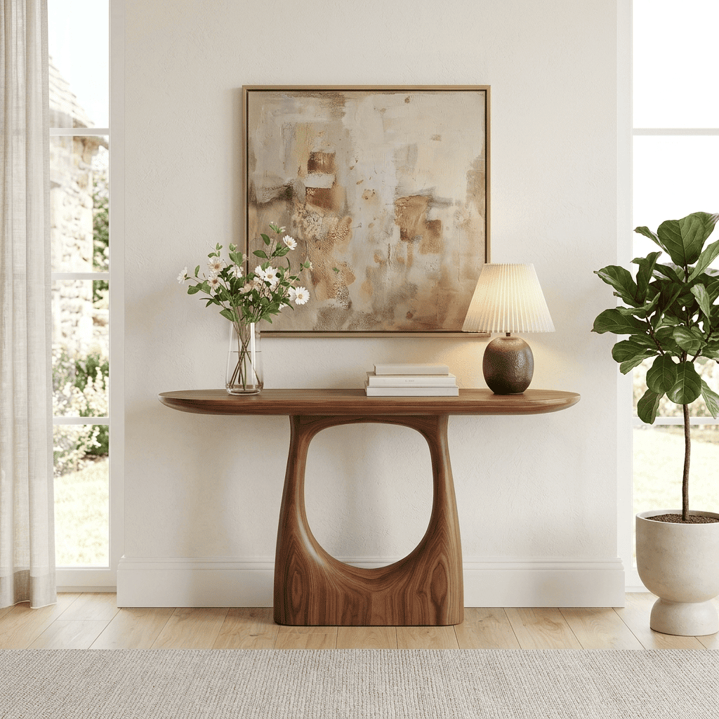 Minimalist solid wood hallway table displayed in an elegant foyer