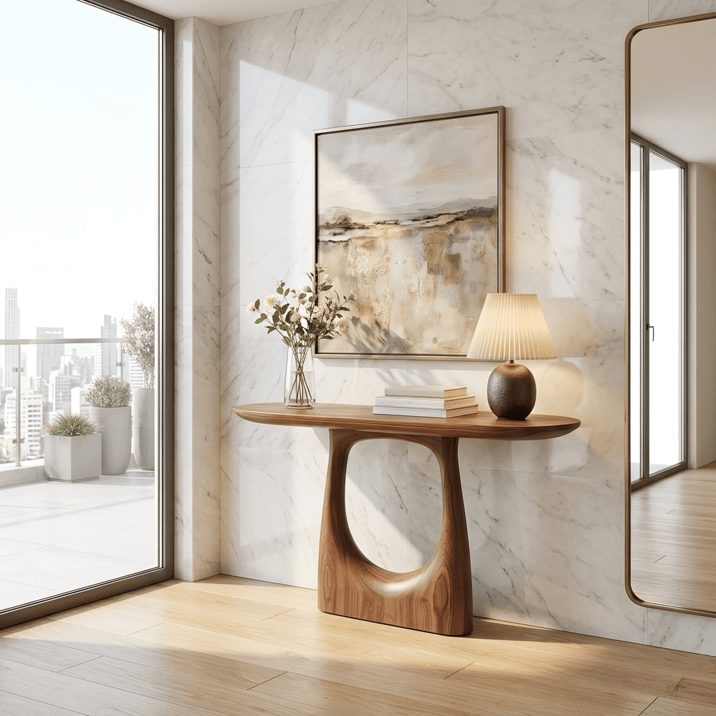 Wooden console table with artistic oval cutout detailing for luxury home decor