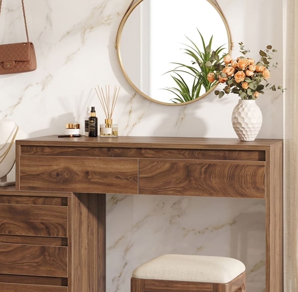 Organic vanity desk crafted from solid wood with matching stool for elegant beauty spaces