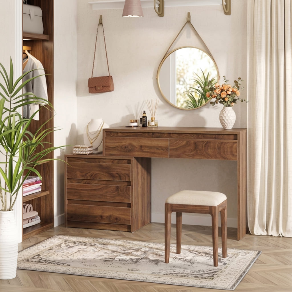 Contemporary wooden makeup vanity in a luxury dressing room