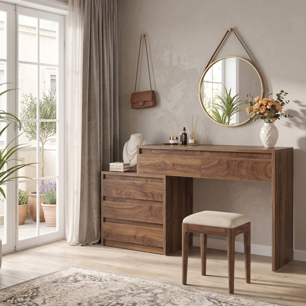 Minimalist solid wood dressing table in an elegant bedroom interior
