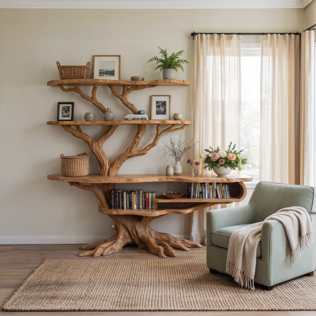 Handcrafted tree root bookshelf made from natural wood