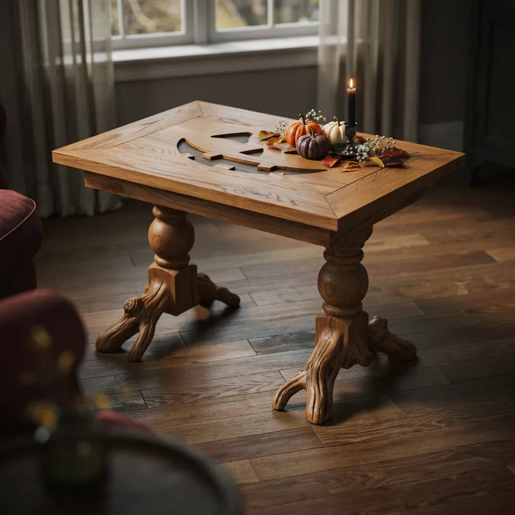 Organic solid wood coffee table enhancing a contemporary home with seasonal decorations