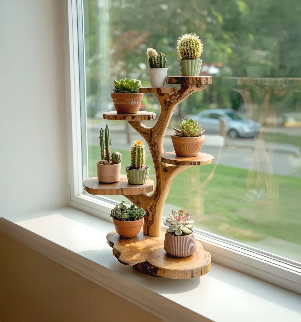 Handmade wood tree plant stand for mini cacti and succulents display