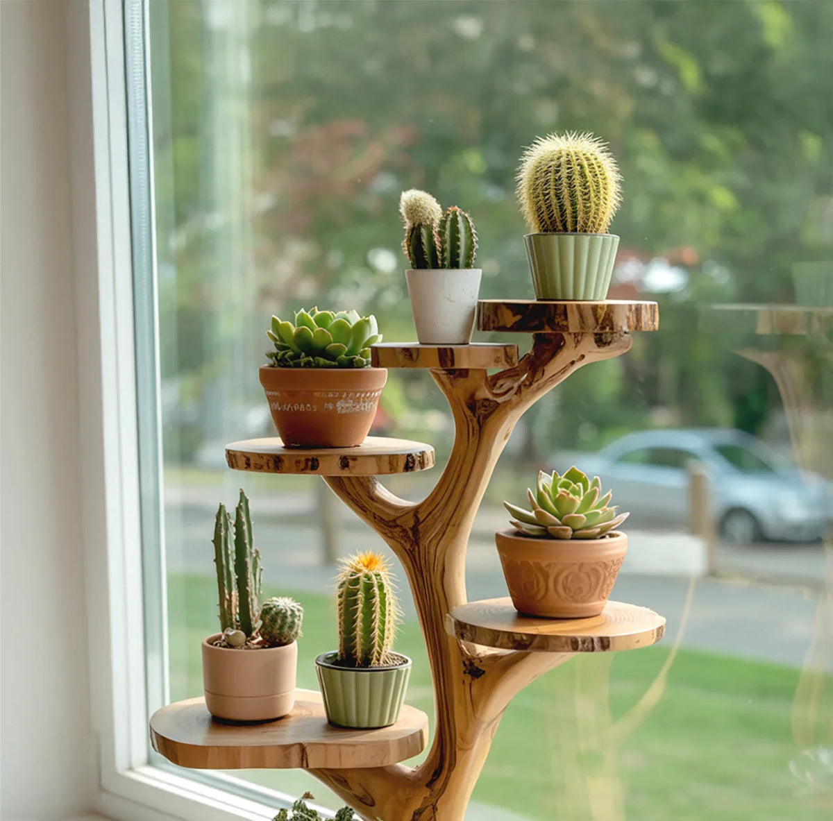 Wooden tree plant stand holding small cacti and succulent pots indoor