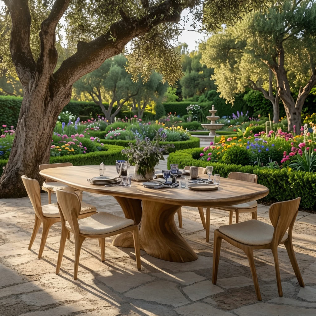 Handcrafted rustic dining table designed for memorable gatherings in gardens and patios