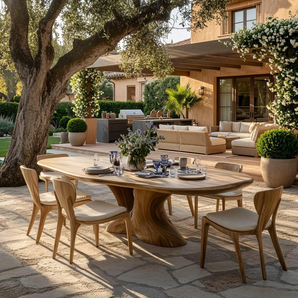 Solid wood patio dining table displayed in an elegant poolside outdoor space