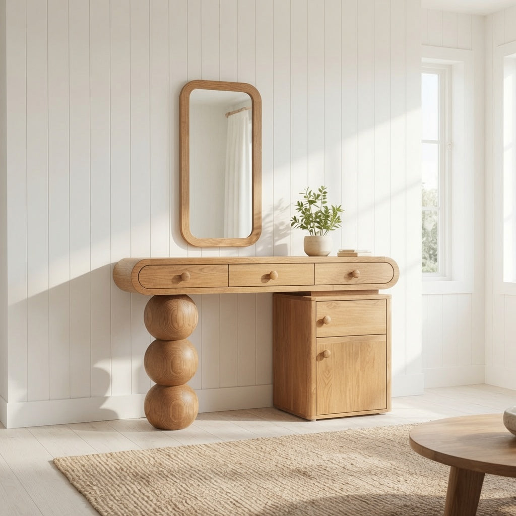 Farmhouse hardwood vanity table enhancing a modern bedroom interior